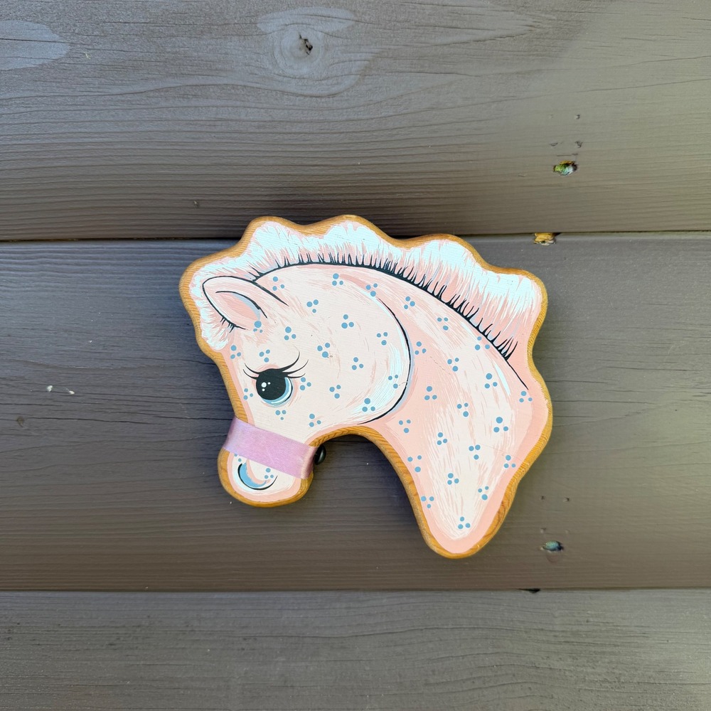 Vtg Hand Painted Wooden Horse Head Wall Plaque Pink Blue Polka Dot Pony Decor‎